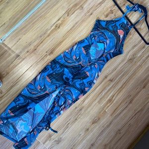 Mesh, see through, torquoise high low halter dress